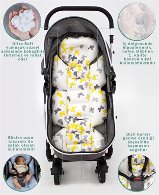 Bebek Arabası Minderi, Bel Destekli, Çift Taraflı Kullanım, Balon Kelebek  Serisi, Sarı