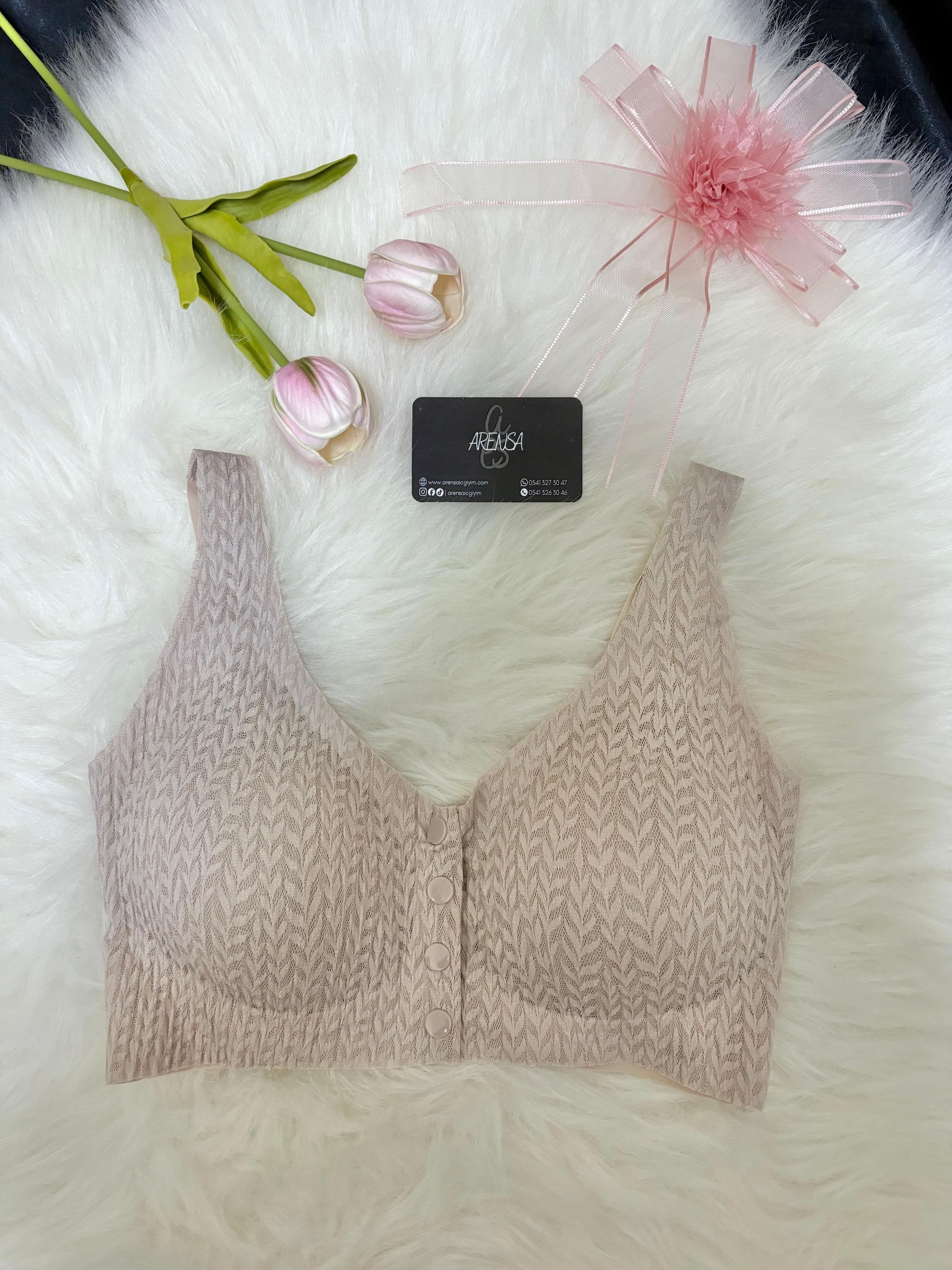 Bej Dolgusuz Düğmeli Lazer Kesim Bralet