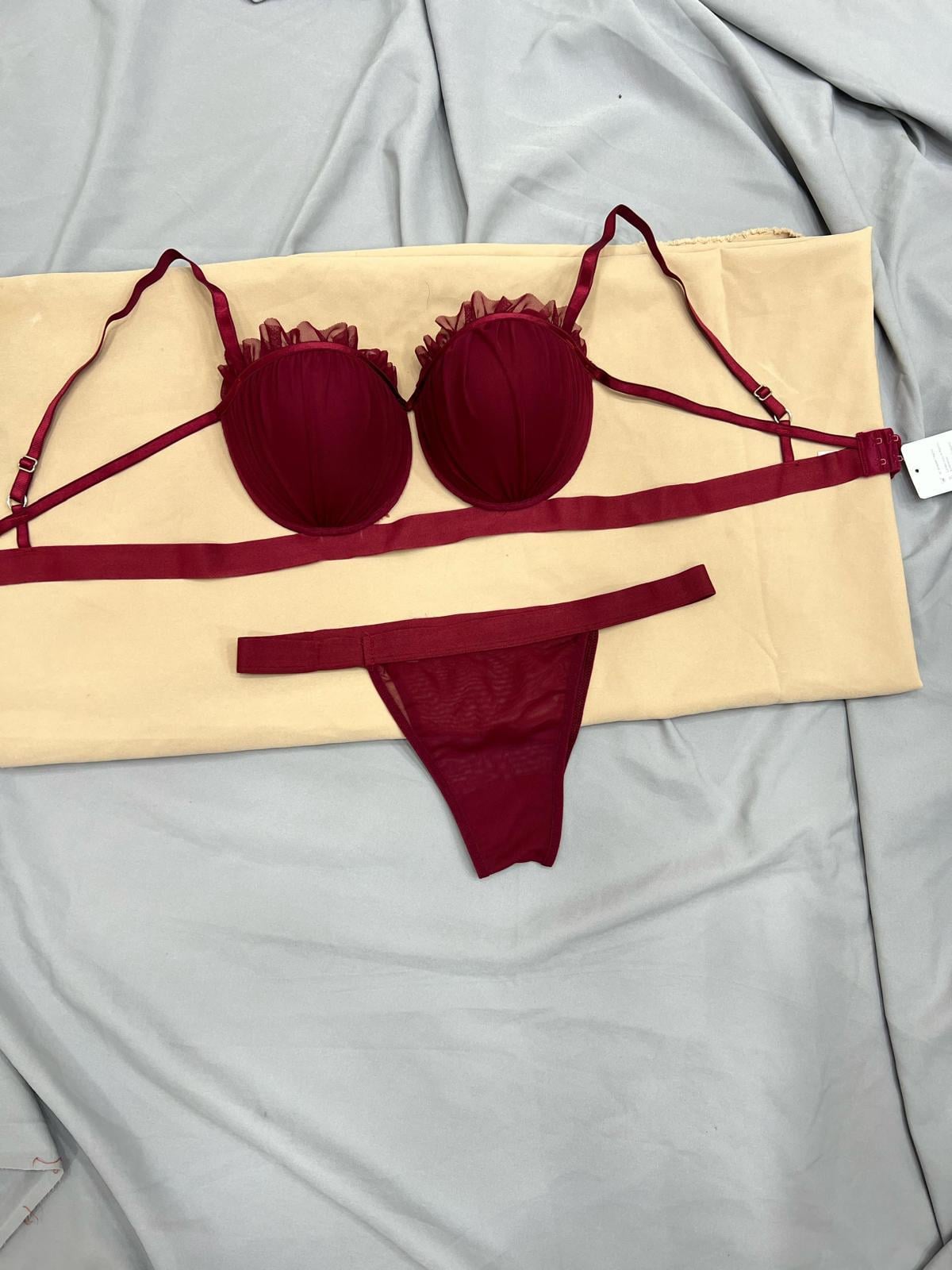 Bordo Dolgulu Balenli Büzgülü Sütyen Takım