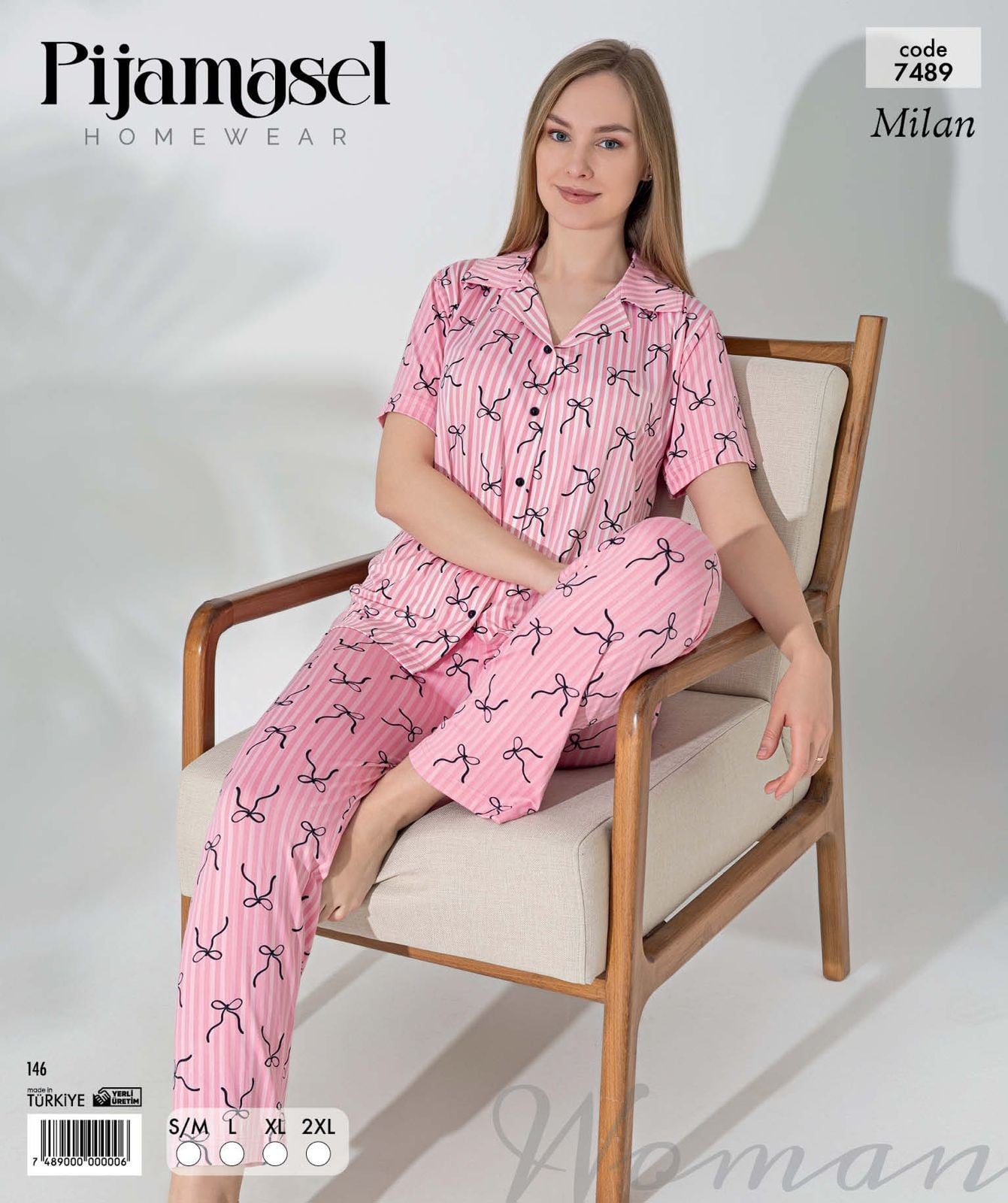 Desenli Düğmeli Kısa Kol Pijama Takım 7489