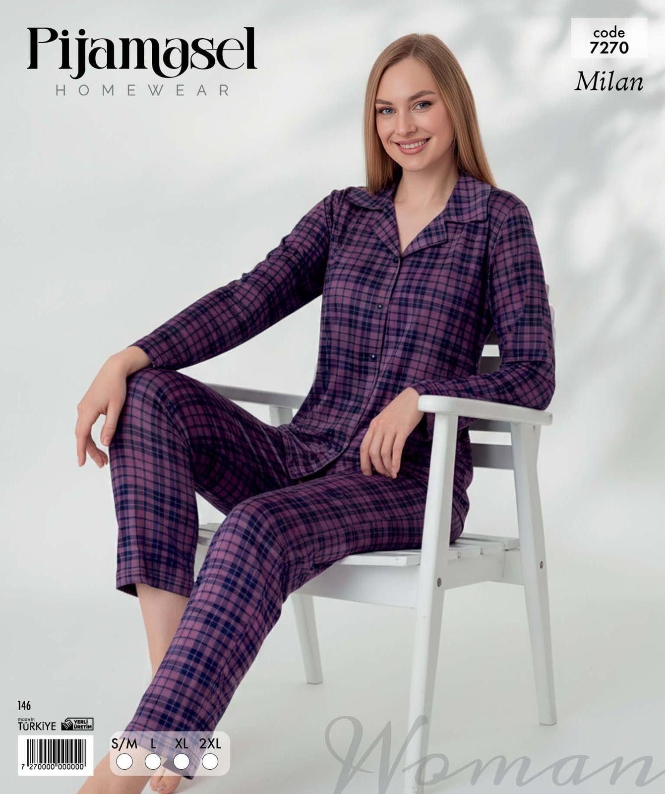 Desenli Düğmeli Uzun Kol Pijama Takım 7270