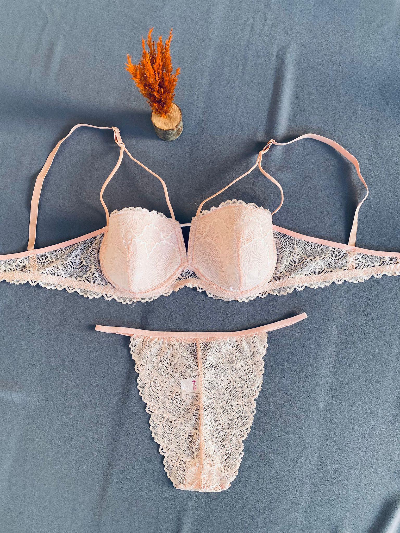 Pudra Pembe Dantelli İpli Dolgusuz Büstiyer Takım