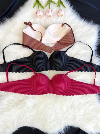 3 Adet Dikey Çizgili El Destekli Tekli Lazer Kesim Sütyen Set