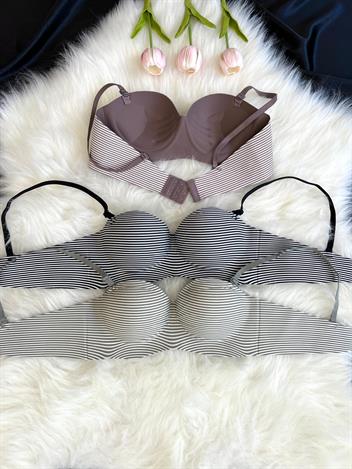 3 Adet Yatay Çizgili El Destekli Tekli Lazer Kesim Sütyen Set