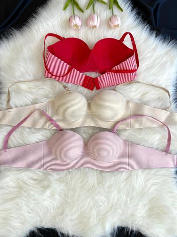 3 Adet Yatay Çizgili El Destekli Tekli Lazer Kesim Sütyen Set