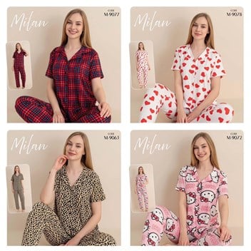 4 Adet Düğmeli Kısa Kol Pijama Takım Set