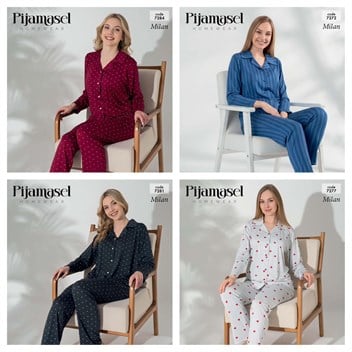 4 Adet Düğmeli Uzun Kol Pijama Takım Set 