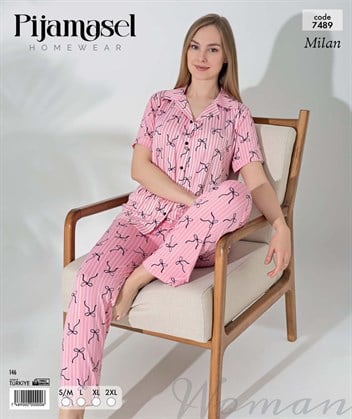 Desenli Düğmeli Kısa Kol Pijama Takım 7489