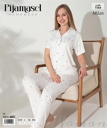 Desenli Düğmeli Kısa Kol Pijama Takım 7584