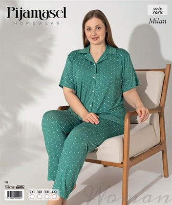 Desenli Düğmeli Kısa Kol Pijama Takım 7678