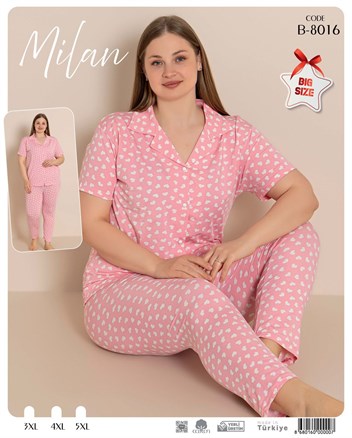 Desenli Düğmeli Kısa Kol Pijama Takım B-8016