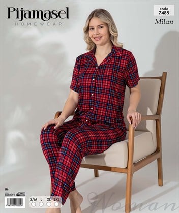 Desenli Düğmeli Kısa Kol Pijama Takım 7485