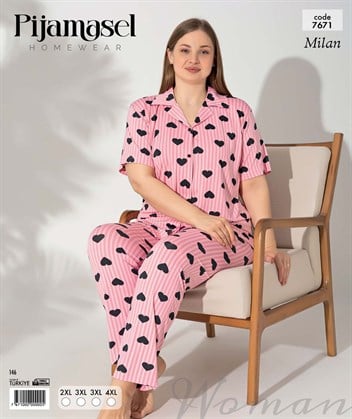 Desenli Düğmeli Kısa Kol Pijama Takım 7671
