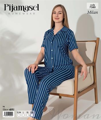 Desenli Düğmeli Kısa Kol Pijama Takım 7580