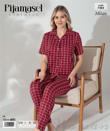Desenli Düğmeli Kısa Kol Pijama Takım 7484