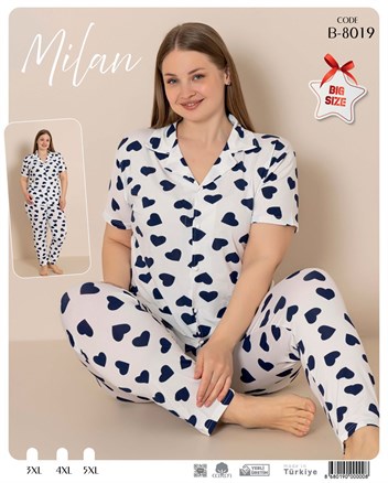 Desenli Düğmeli Kısa Kol Pijama Takım B-8019