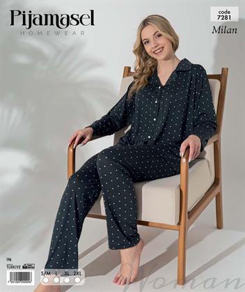 Desenli Düğmeli Uzun Kol Pijama Takım 7281