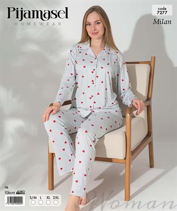 Desenli Düğmeli Uzun Kol Pijama Takım 7277