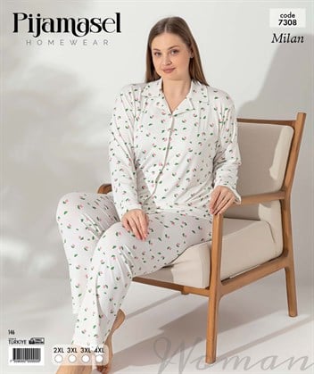 Desenli Düğmeli Uzun Kol Pijama Takım 7308