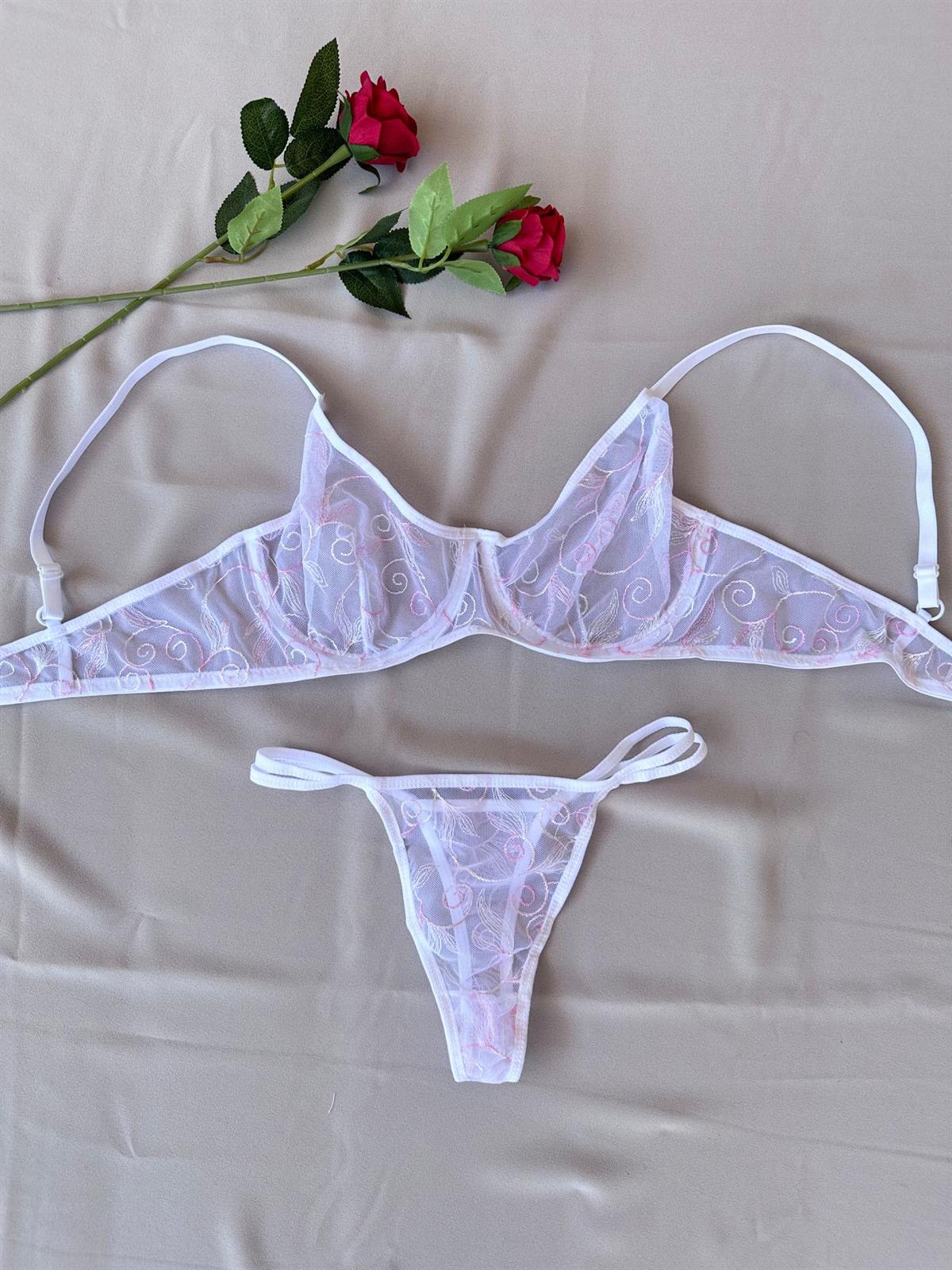 Beyaz Pembe Çiçek Desenli Kapsız Balenli Büstiyer Takım