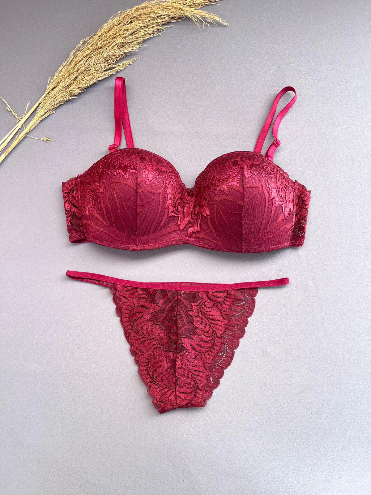 Bordo Dolgusuz Balenli Dantelli Lotus Sütyen Takım