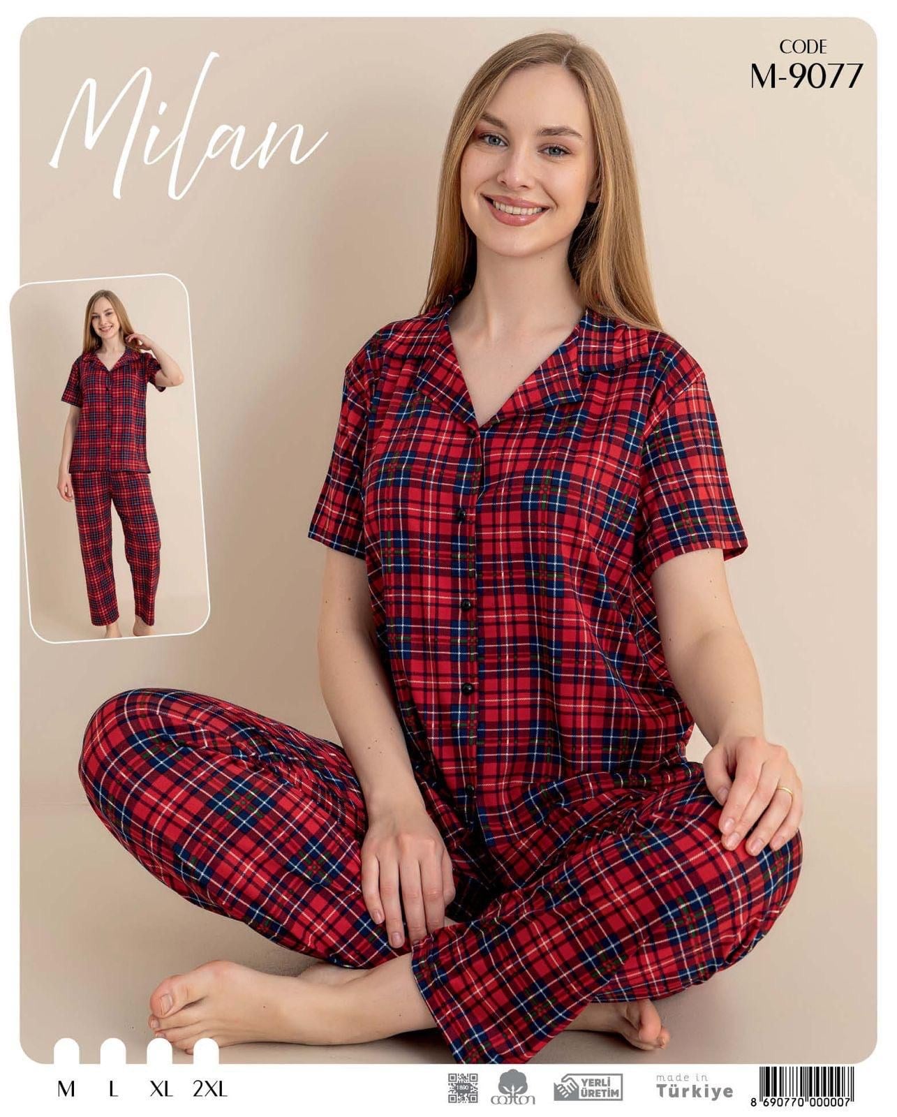 Desenli Düğmeli Kısa Kol Pijama Takım M-9077