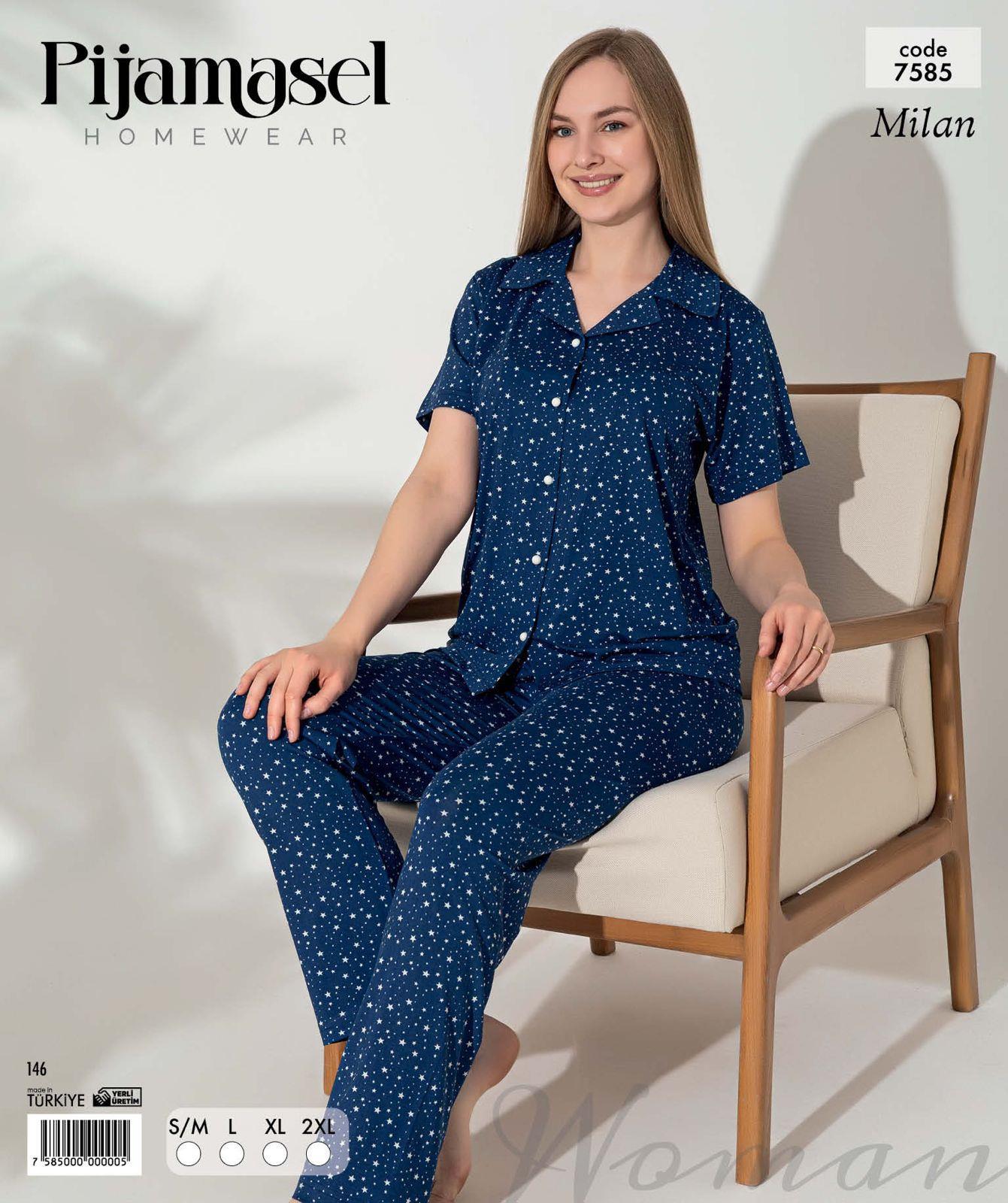 Desenli Düğmeli Kısa Kol Pijama Takım 7585