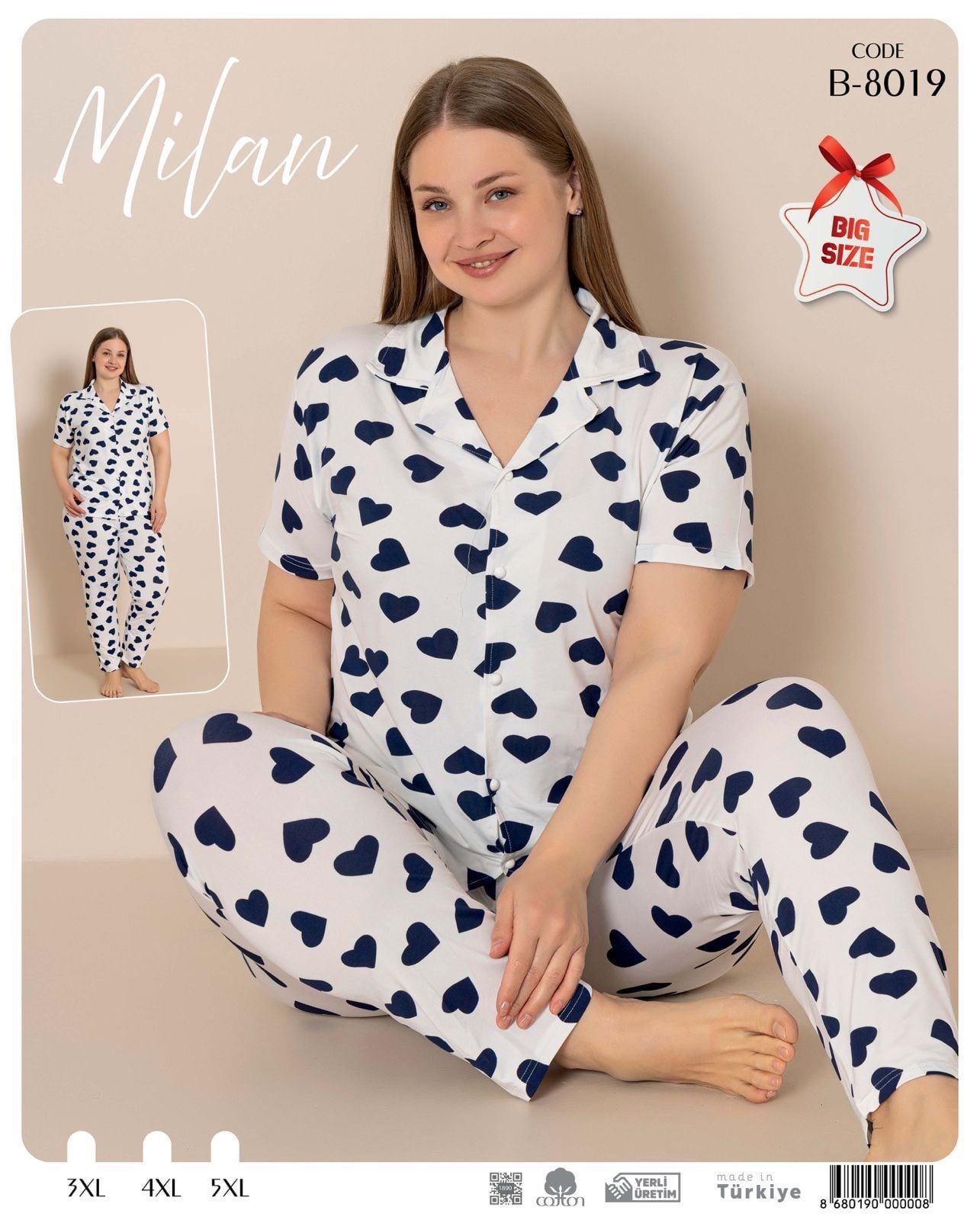 Desenli Düğmeli Kısa Kol Pijama Takım B-8019