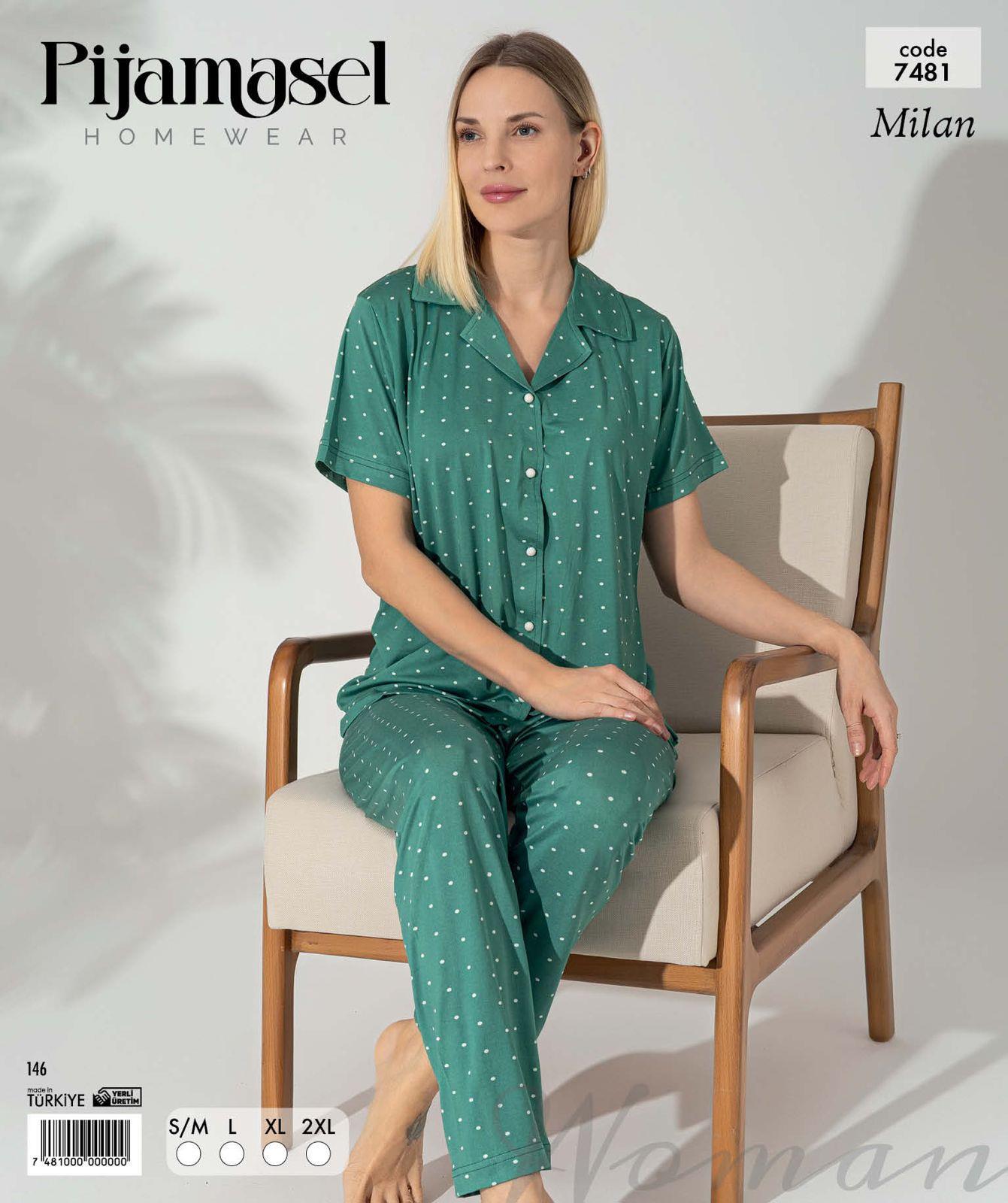 Desenli Düğmeli Kısa Kol Pijama Takım 7481