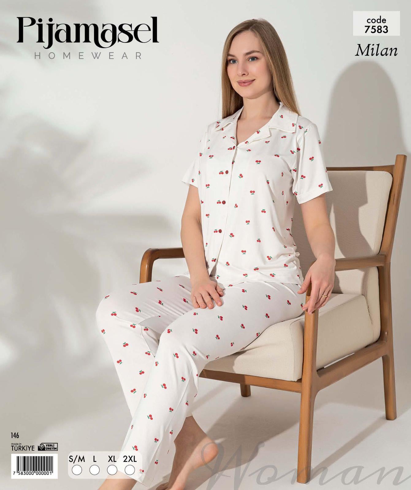 Desenli Düğmeli Kısa Kol Pijama Takım 7583