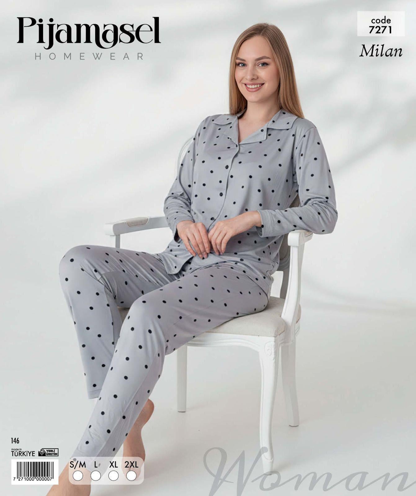 Desenli Düğmeli Uzun Kol Pijama Takım 7271