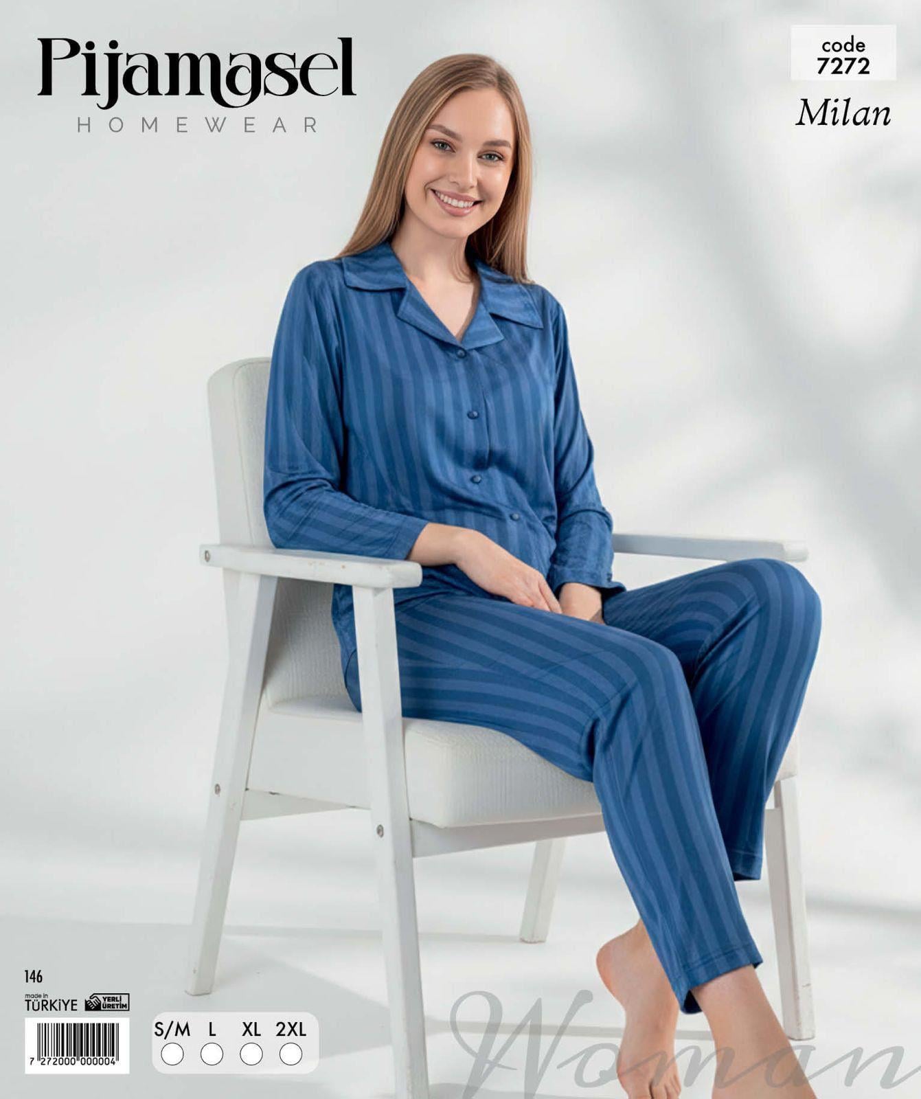 Desenli Düğmeli Uzun Kol Pijama Takım 7272