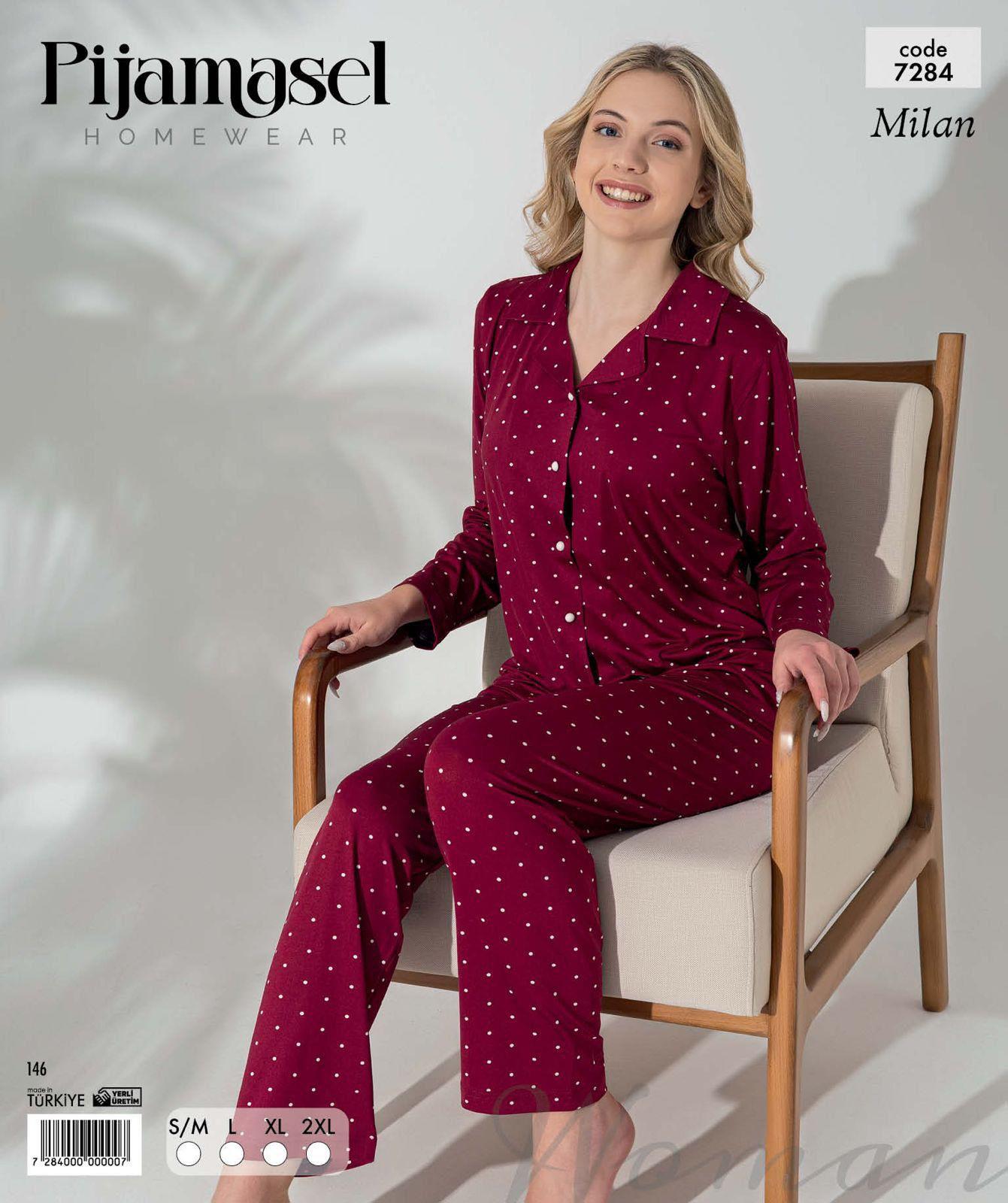 Desenli Düğmeli Uzun Kol Pijama Takım 7284