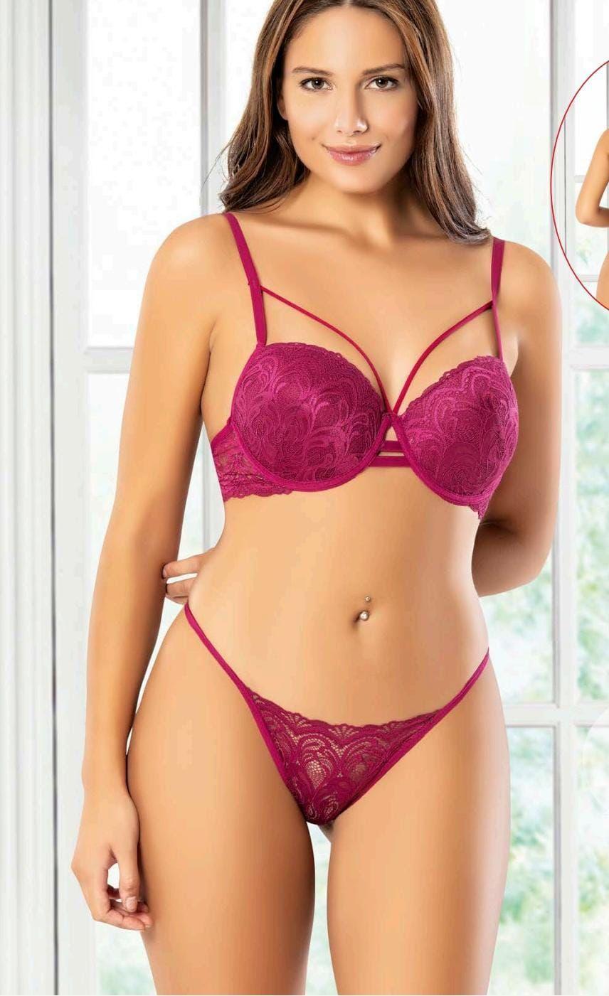 Mor Dolgulu Balenli Dantelli İpli Sütyen Takım