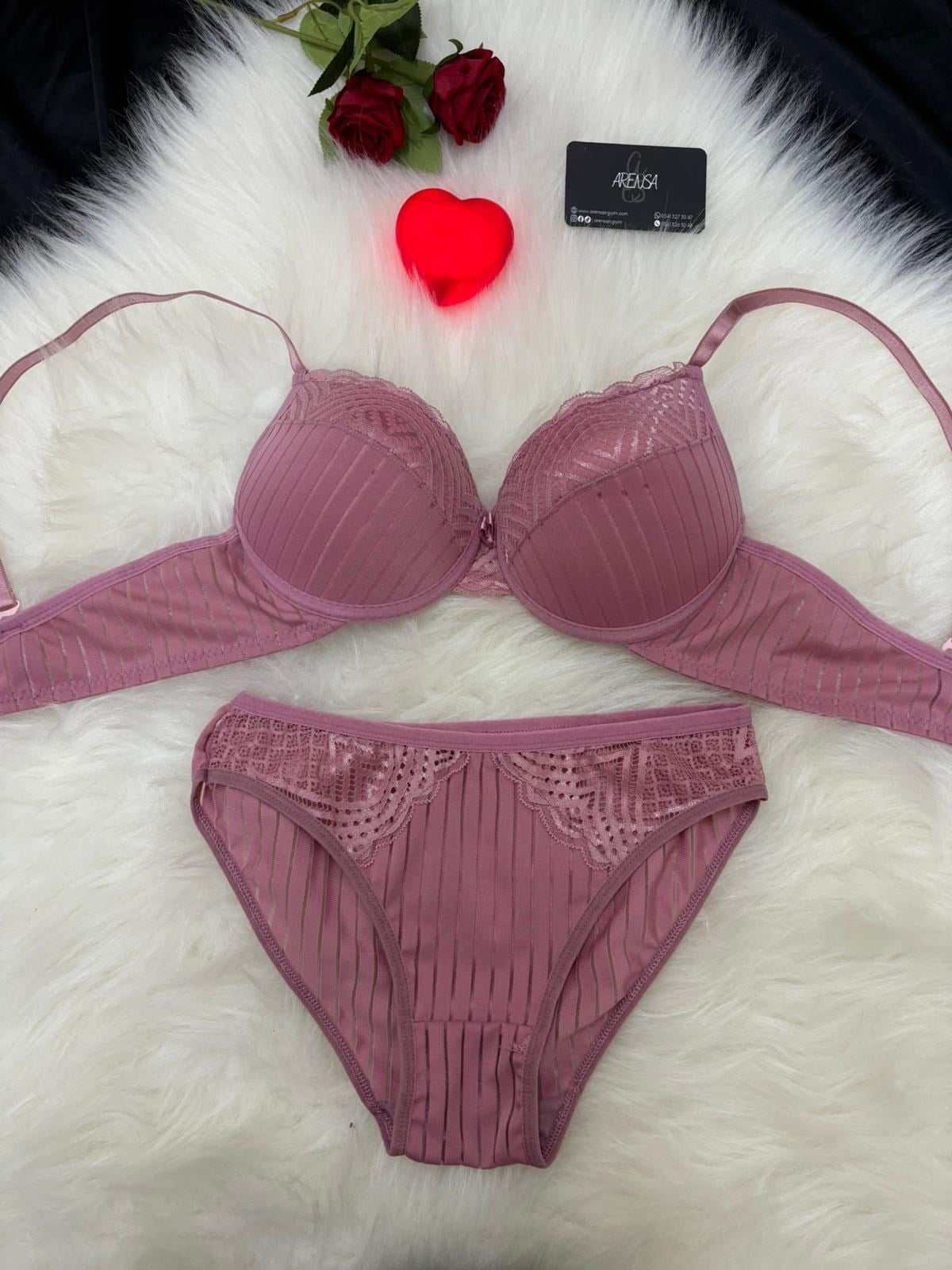 Pembe Dolgulu Balenli Çizgili Dantelli Sütyen Takım