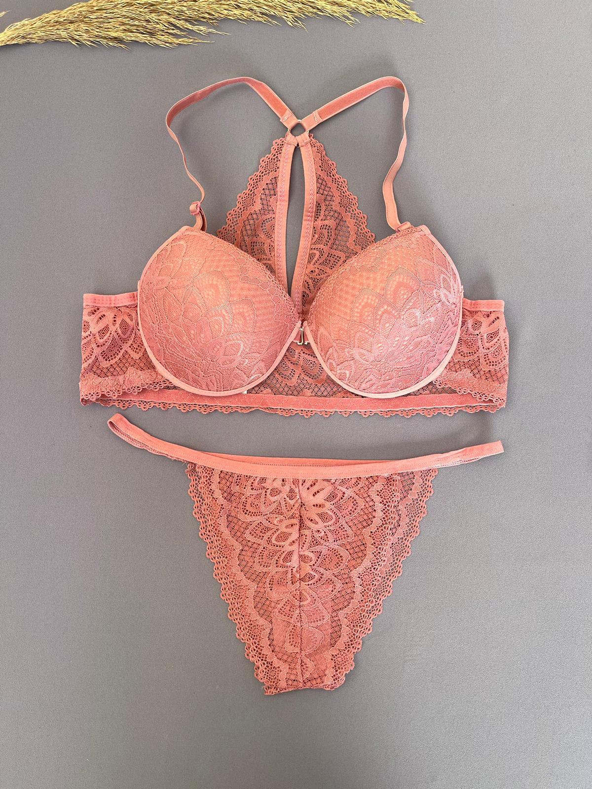 Pembe Dolgulu Balenli Dantelli Önden Açılan Sütyen Takım