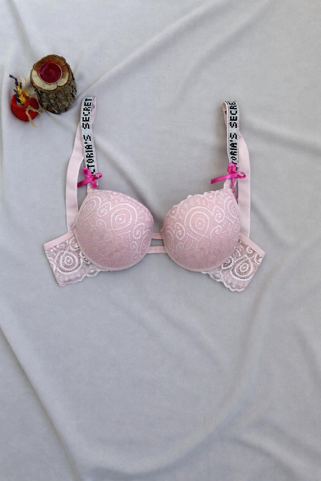 Pudra Pembe Taşlı Dantelli Dolgulu Balenli Tekli Sütyen