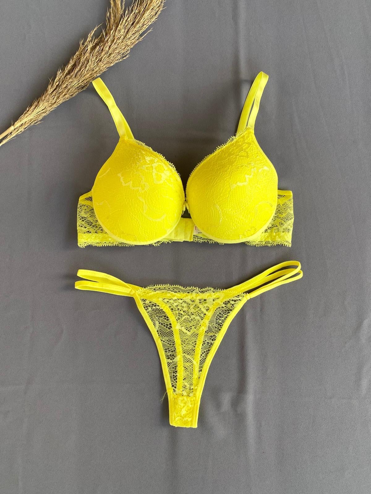 Sarı Dolgulu Balenli Dantelli Tangalı Sütyen Takım