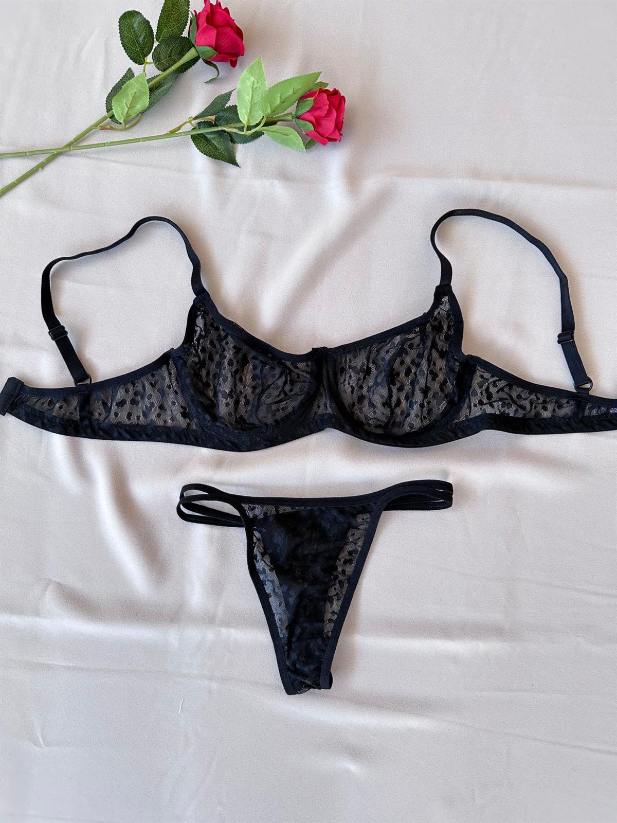 Siyah Desenli Kapsız Balenli Büstiyer Takım