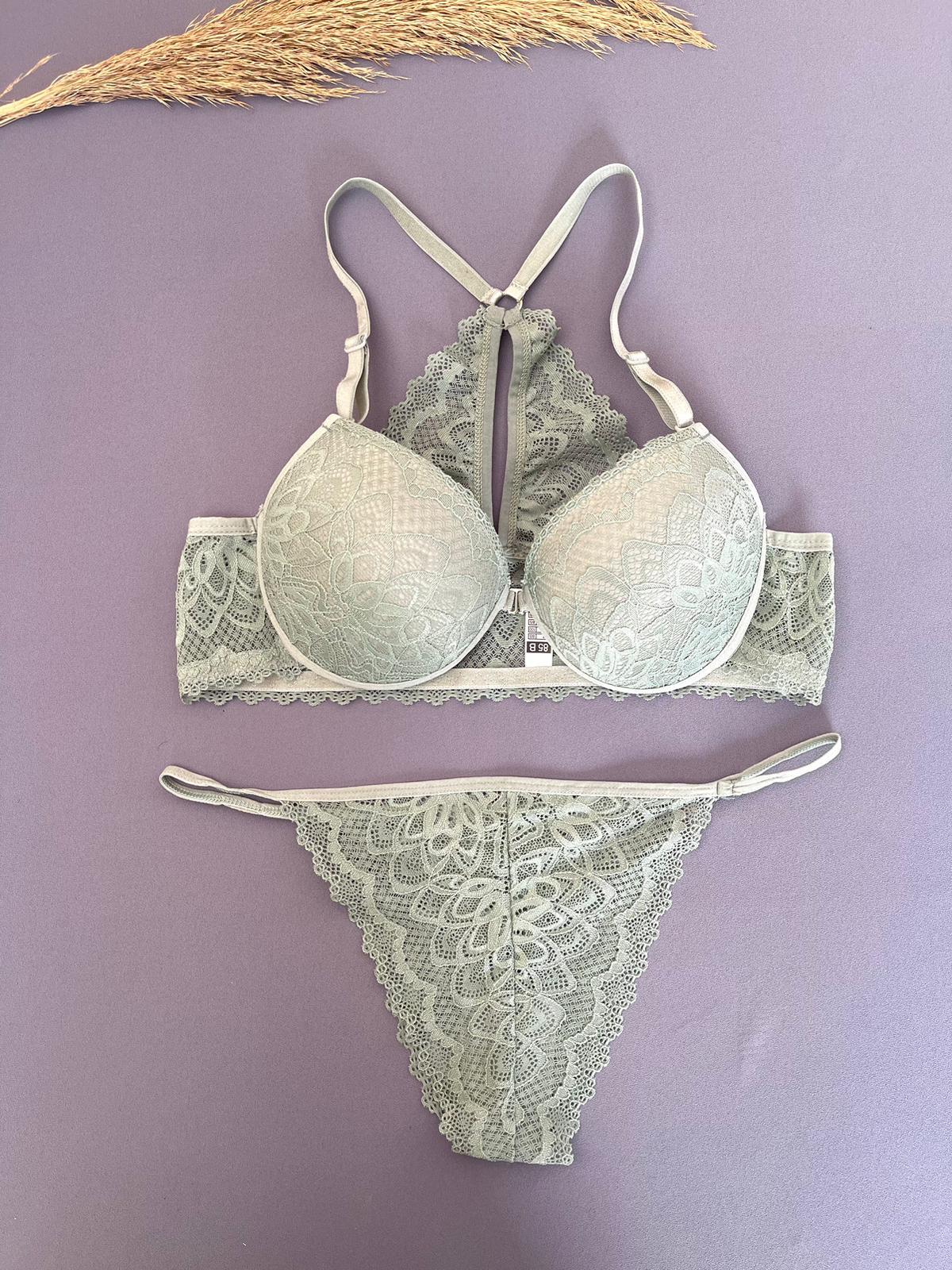 Yeşil Dolgulu Balenli Dantelli Önden Açılan Sütyen Takım