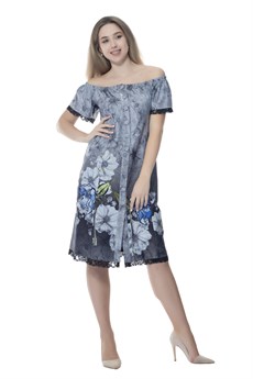 3504 Dodona Swarovski Taşlı Çiçek Desenli  Gri Yazlık Elbise 