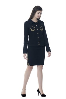 3653 Dodona Swarovski Taşlı ve Cep Nakış İşlemeli Koyu Lacivert Ceket 