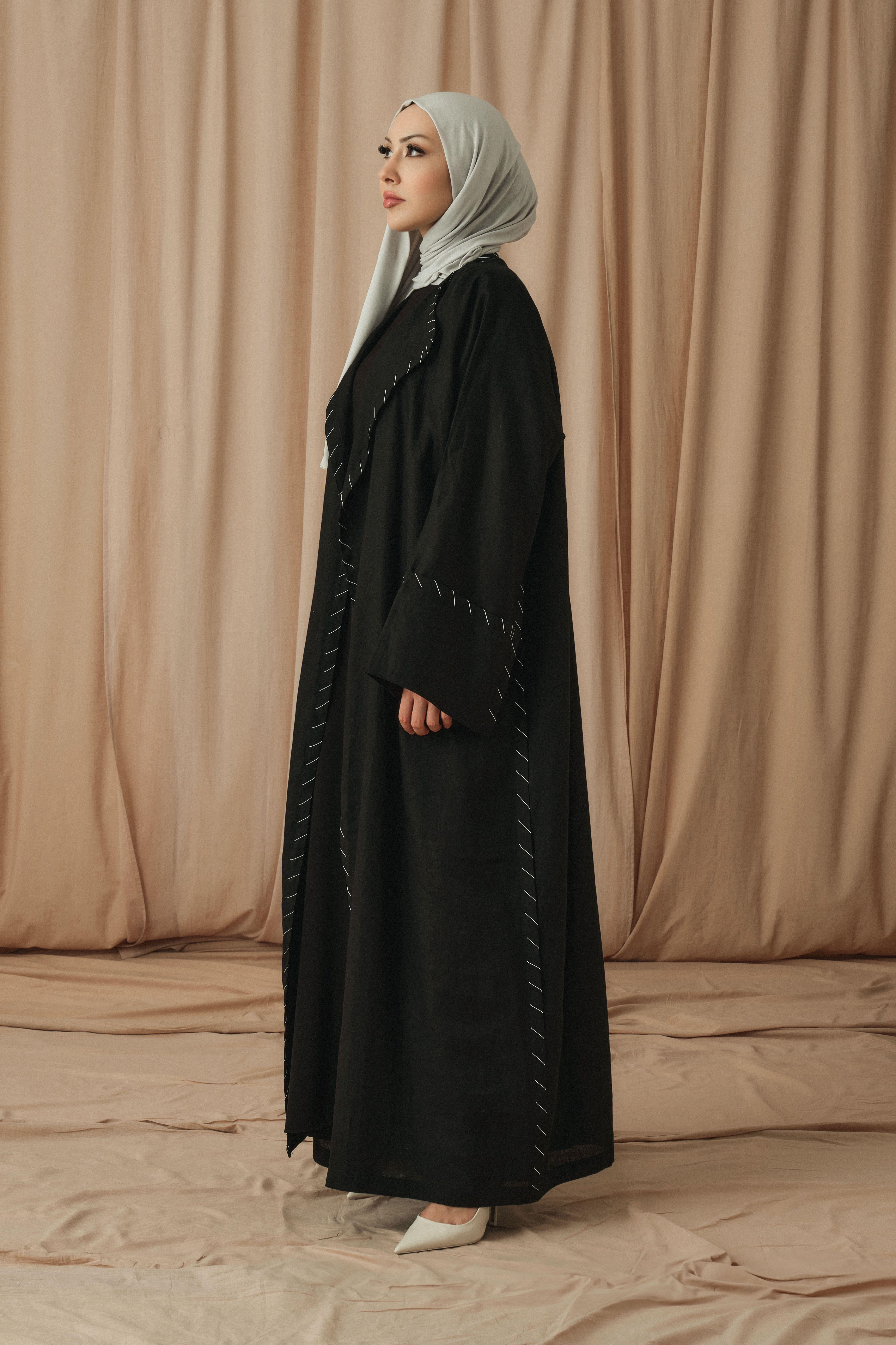 EL DİKİŞLİ KETEN ABAYA-SİYAH