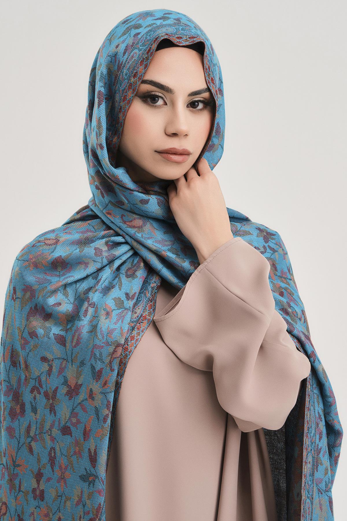 FLORAL KAŞMİR DOKUMA ŞAL-TURKUAZ