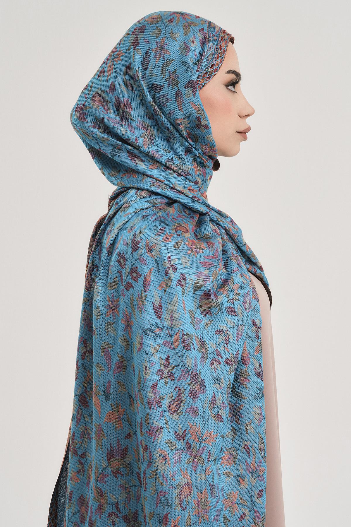 FLORAL KAŞMİR DOKUMA ŞAL-TURKUAZ