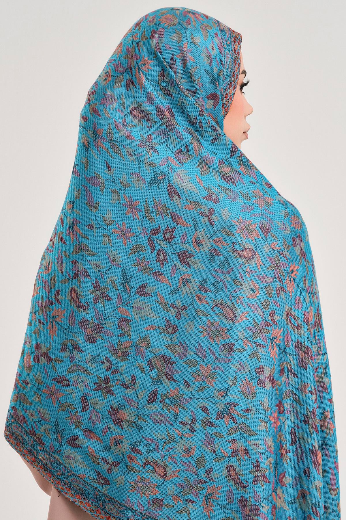 FLORAL KAŞMİR DOKUMA ŞAL-TURKUAZ