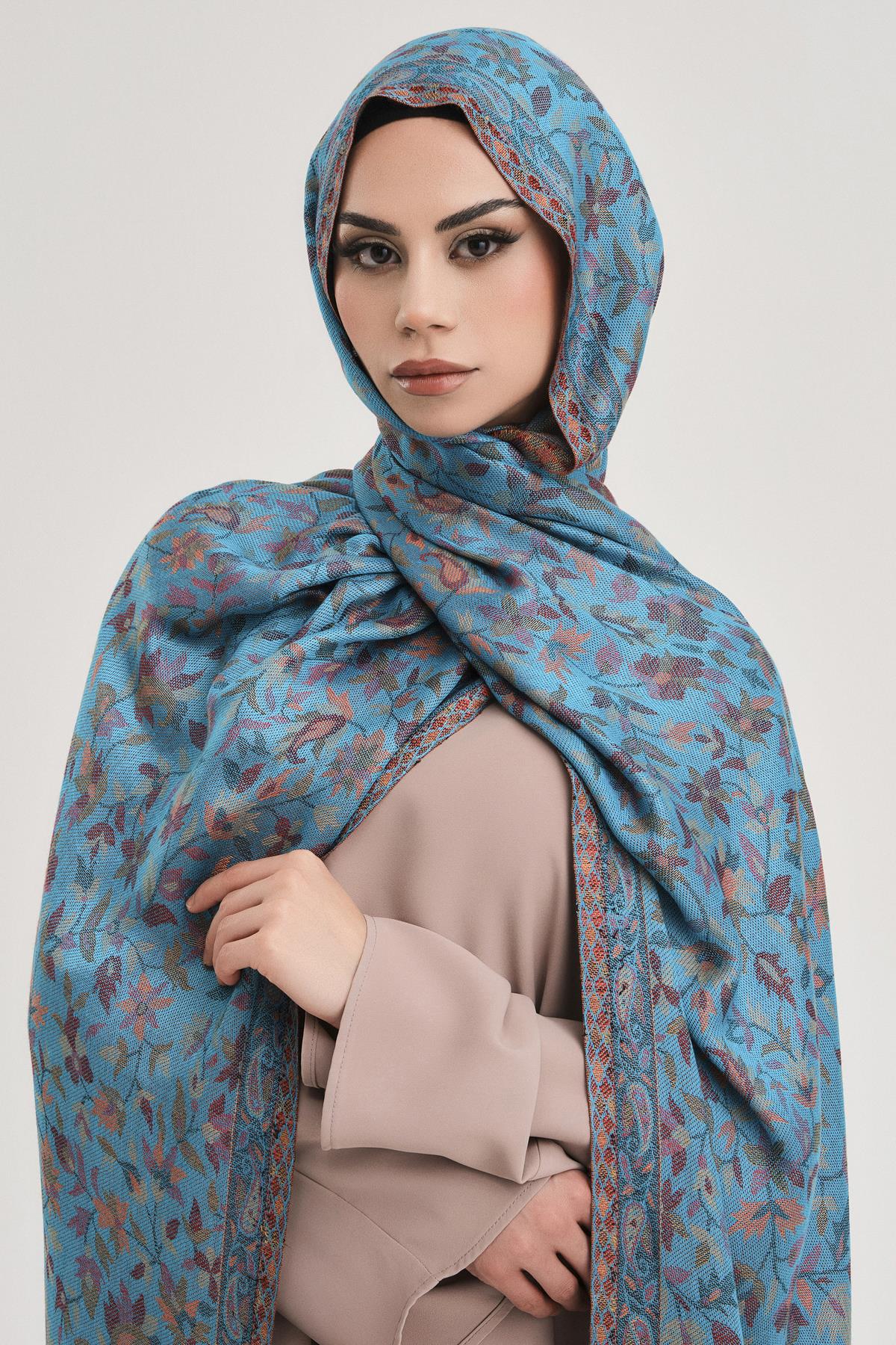 FLORAL KAŞMİR DOKUMA ŞAL-TURKUAZ