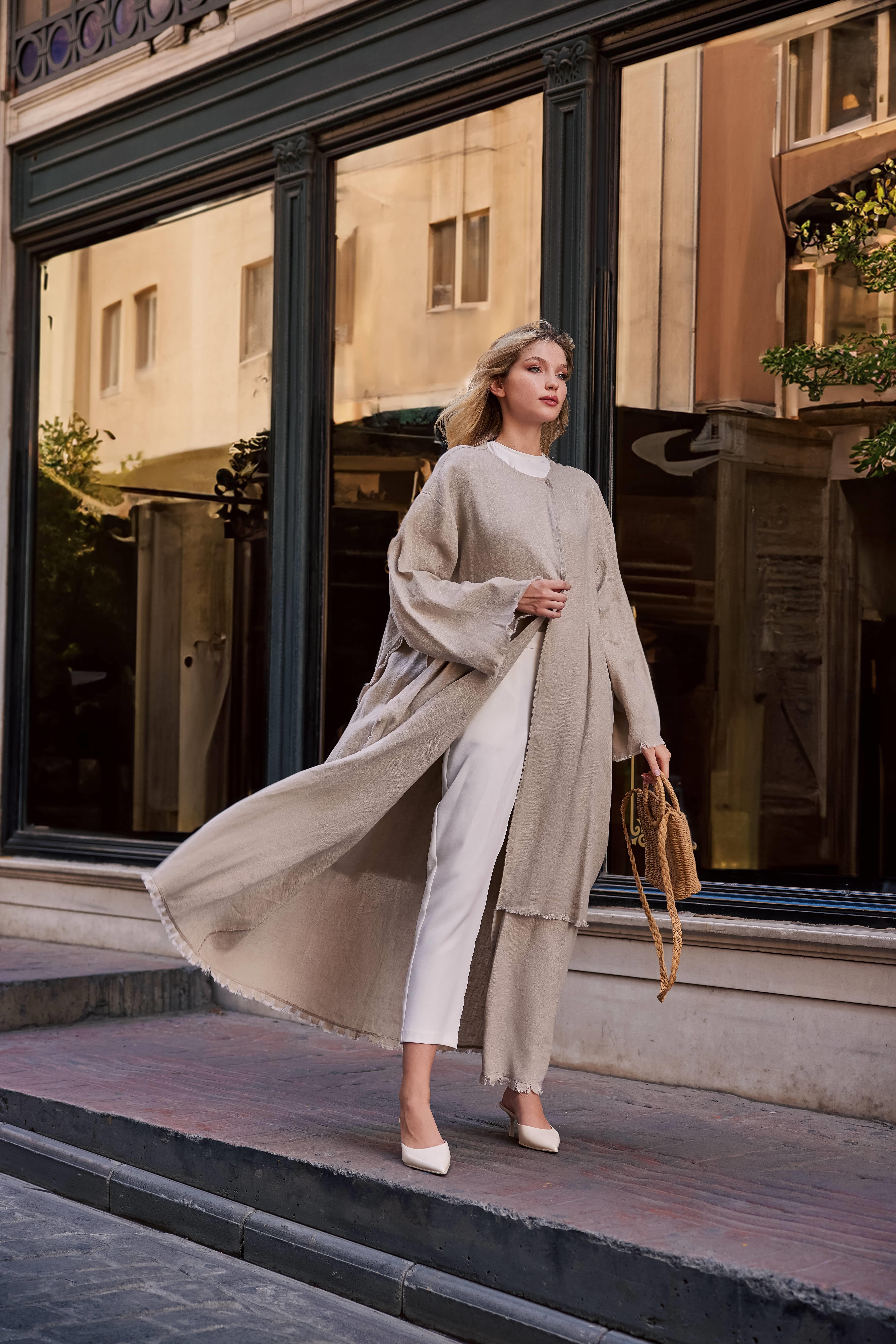 LINEN LAYERED ABAYA-STONE