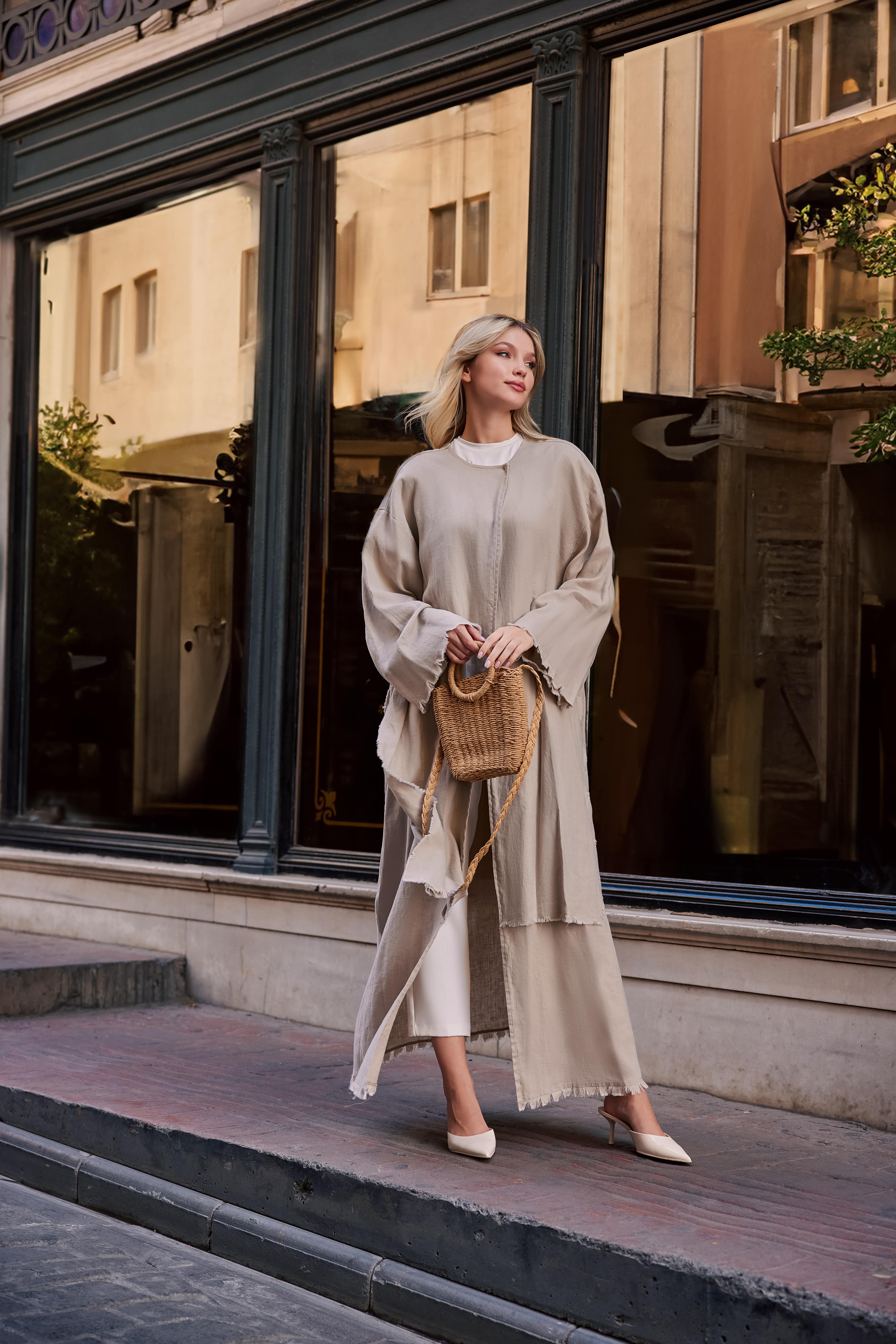 LINEN LAYERED ABAYA-STONE