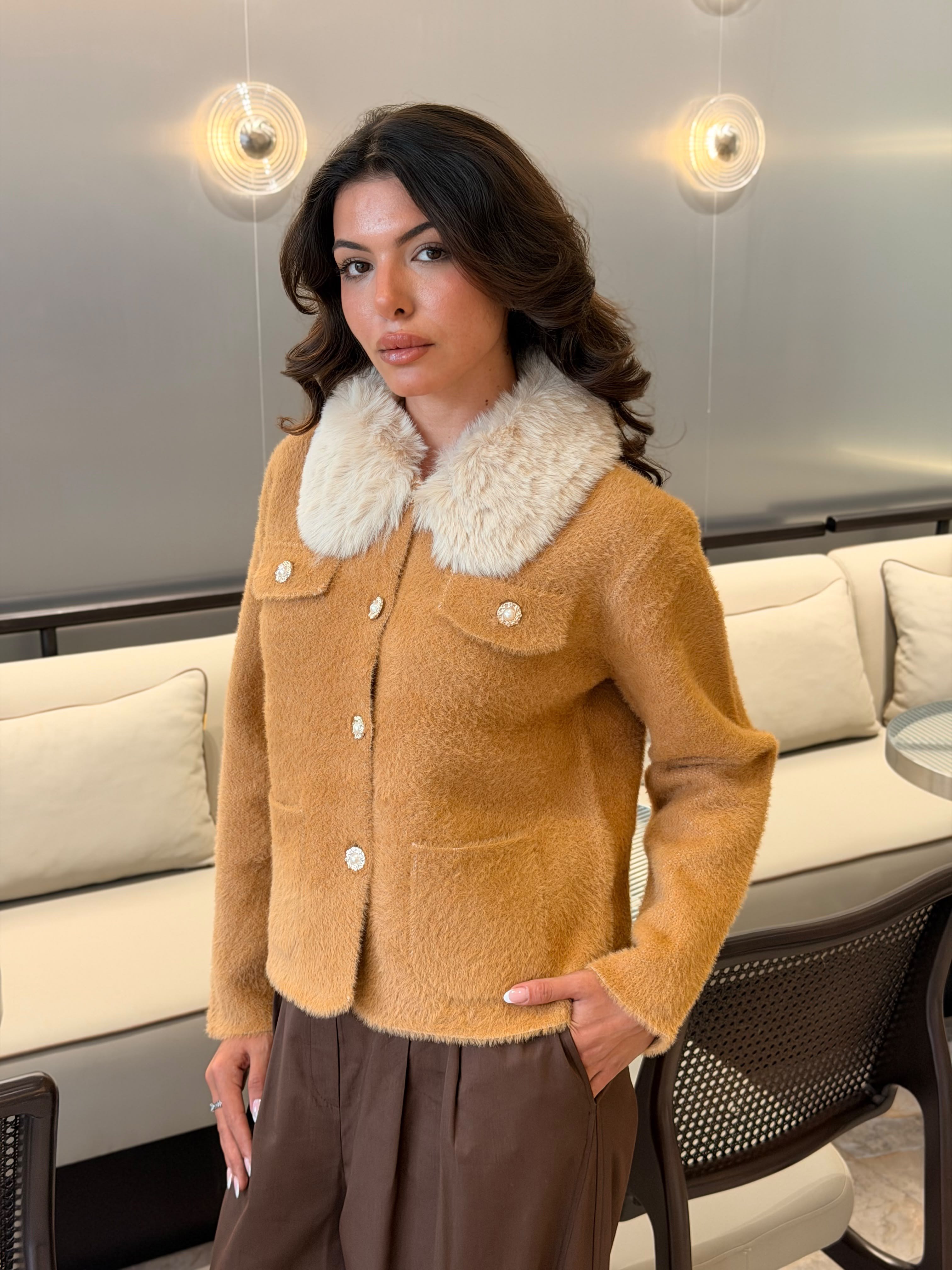Kürk Yakalı Peluş Ceket Camel